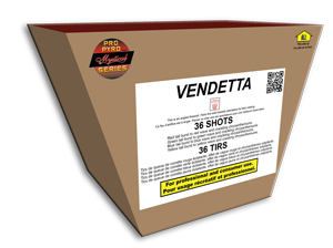 Vendetta - 36 Shots - Tail Bursts to Wave then Crackling Chrysanthemums in Red, Green, Blue and Yellow - Spectacular