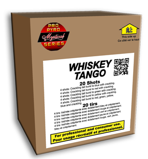 Whiskey Tango - 20 Shots - 4 each Crackling Tail Burst to Blue, Red, Green & Yellow with Crackling, then 4 Crackling Tail Bursts to Red, Green, Yellow & Blue
